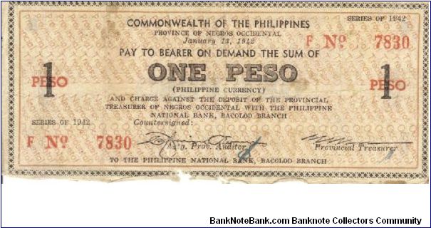 S-634 RARE Negros Occidental 1 Pesos note, brown underprint. Banknote