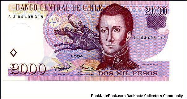 2000 Peso 2004 Polymer
Purple
Governor Vittorio Corbo L
Gen Manager Camilo Carrasco Alfonso
Front M R Erdoyza (1785-1818), Chilean revolutionary, Monument dedicated to him by sculptress Blanca Merino Lizana
Rev Church of the Dominicans. Declared a national monument in 1983, by Joaquin Toesca, the church's architect. Seal of the Banco Central de Chile at lower right Banknote