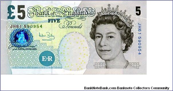 Andrew Bailey 2004 -
£5 Mainly Blue
Rev Elizabeth Fry reading to prisoners at Newgate, Portrait of Elizabeth Fry
Metal security Thread
Watermarked with a Queens Head Banknote