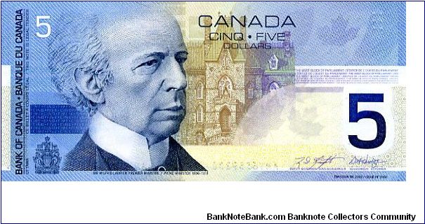 $5 27 Mar 2002  
Blue/Olive
Deputy Governor M.D. Knight 
Governor D.A. Dodge
Front Sir Wilfrid Laurier, West block of Parliament
Rev Children  Sledging & playing Ice Hockey 
Security Thread
Watermark Sir W Laurier Head Banknote