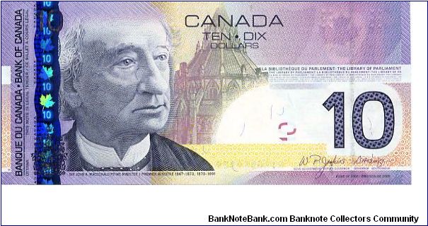 $10 18 May 2005
Purple/Ocher
Deputy Governor P. Jenkins  
Governor D.A. Dodge
Front Sir John A. Macdonald, 
Rev Tribute to Remembrance and Peackeeping
Security Thread
Watermark Sir John A. Macdonald Banknote