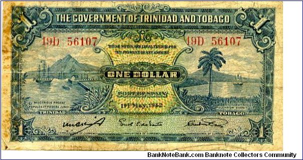 $1 1 May 1942
Blue
Front Ship in bay, value in center, Ship and coconut tree
Rev Value each side of central Coat of Arms
Watermarked ? Banknote
