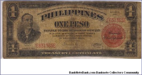 PI-89b RARE Philippine 1 Peso Treasury Certificate processed to simulate used currency at Bureau of Standards. Banknote