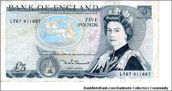 £5 Jun 1980
Blue
Chief Cashier D Somerset 1980-1988  
Front QEII
Rev Duke of Wellington
Security thread
Watermark QEII Banknote