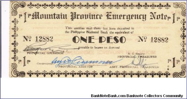 S-595a RARE Philippine Mountain Province 1 Peso Emergency note with Hammermill Bond Redemption Clause watermark. Banknote