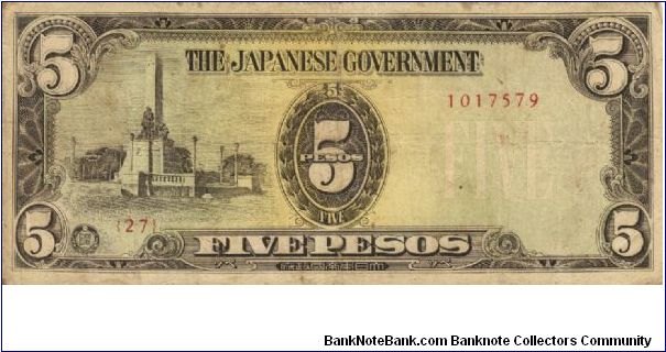 PI-110 Philippine 5 Pesos replacement note under Japan rule, plate number 27. Banknote