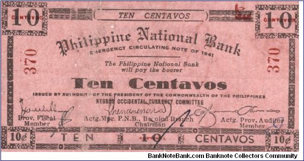 S-621a RARE Negros Occidental Philippine National Bank 10 Centavos note. Banknote