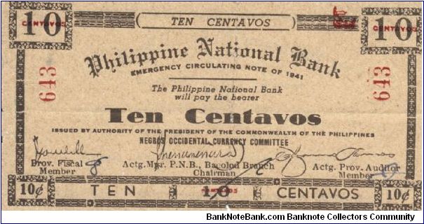 S621b RARE Negros Occidential  Philippine National Bank 10 Centavos note. Banknote