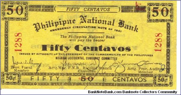 S-623x RARE Negros Occidential Philippine national Bank 50 Centavos error note. Banknote