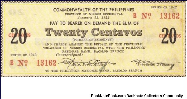 S-630a RARE Negros Occidental Commonwealth of the Philippine 20 Centavos note. Banknote