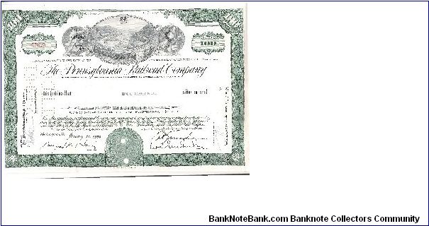THE PENNSYLVANIA RAILROAD COMPANY
100 SHARES
#D5028

8 X 12 In size

PRINTED BY THE AMERICAN BANK NOTE COMPANY Banknote