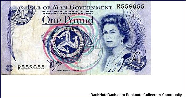 £1 1983
Purple/Multi colour
Chief Financial Officer W Dawson
Front State Seal/Outline of the Island/HRH
Rev Tynwald Hill
Waternark Triskelion Banknote