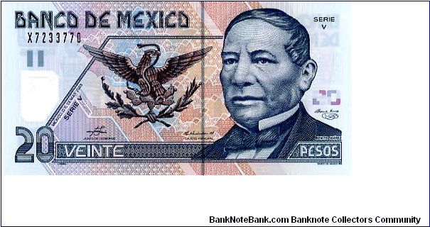 20P 2003 Polymer
Blue/Terracotta
Chief Cashier Maria E H H Barba
Deputy Governor Guillermo G García
Front See through window with the #20, Coat of Arms, Benito Juarez 
Rev Monument to Benito Juarez 
Series V Banknote