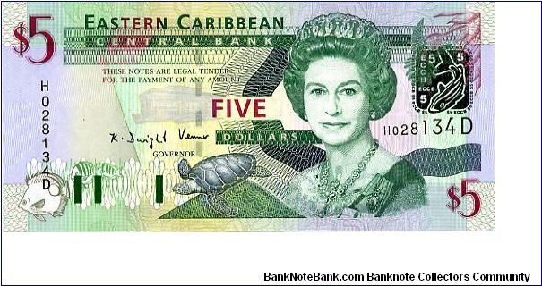 $5 2003
Multi
Governor K D Venner
Front Fish, Turtle, QEII, Silver foil fish & ECCB  
Rev Admiral House Antigua & Barbuda, Gold fish over map, Trafalgar falls
Security Thread
Watermark Queens Head Banknote