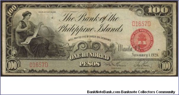 p20 1928 100 Peso Bank of the Philippine Islands [ONLY 2,100 PRINTED] Banknote