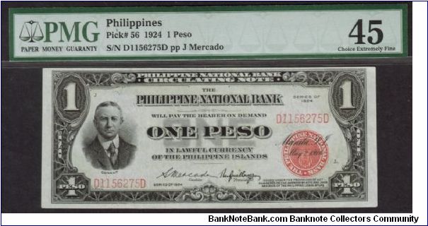 p56 1924 1 Peso Philippine National Bank Circulating Note Banknote
