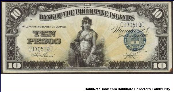 p14 1920 10 Peso Bank of the Philippine Islands Banknote