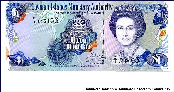 $1 1998
Multi
Chairman 
Front Fish, Treasure Chest & Coat of Arms, QEII
Rev Coral & Fish
Security Thread
Watermark Turtle Banknote