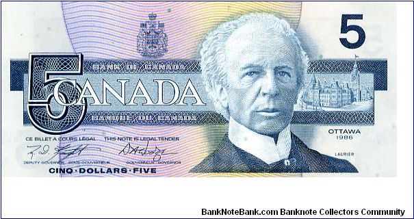 $5 1986
Blue
Governor M D Knight 
Deputy Governor Dodge 
Front Portrait of Sir Wilfrid Laurier
Rev Belted Kingfisher Banknote