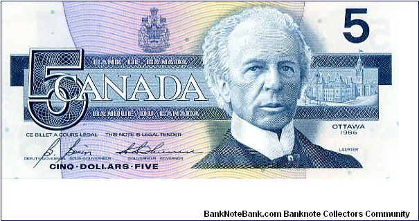$5 1986
Blue 
Governor Bonin
Deputy Governor G.G. Thiessen
Front Portrait of Sir Wilfrid Laurier
Rev Belted Kingfisher Banknote