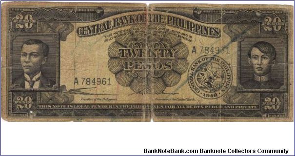 PI-137a Philippine English Series 20 Pesos note with signature group 1, prefix A. Banknote