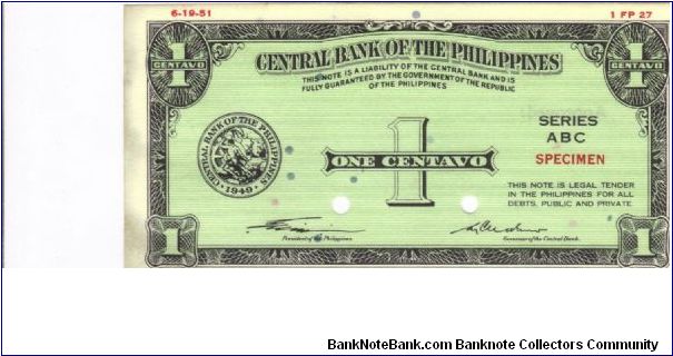 RARE Unlisted English Series 1 Centavos SPECIMEN note with RARE signature group 1. Banknote