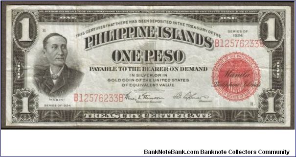 p68c 1924 1 Peso Treasury Certificate Banknote