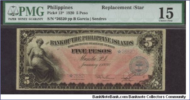 p13* 1920 5 Peso BPI Star/Replacement Note Banknote