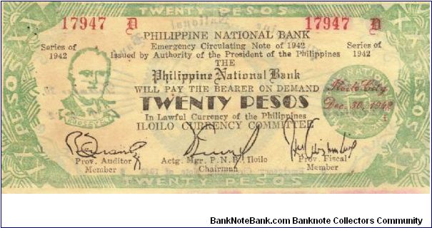 S-315 Iloilo 20 Pesos note. Banknote