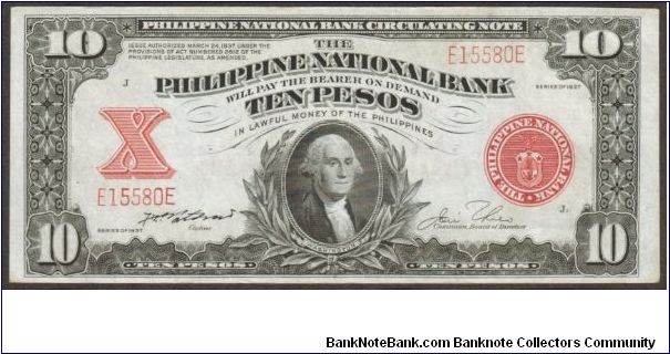 p58 1937 10 Peso PNB Circulating Note Banknote