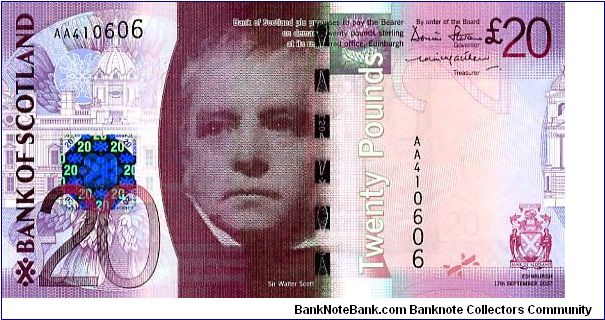 Royal Bank of Scotland
£20
Purple
Governor Dennis Stevenson
Treasurer Colin Matthew 
Front Sir Walter Scott
Rev Forth Bridge
Security Thread
Watermark Sir Walter Scott Banknote