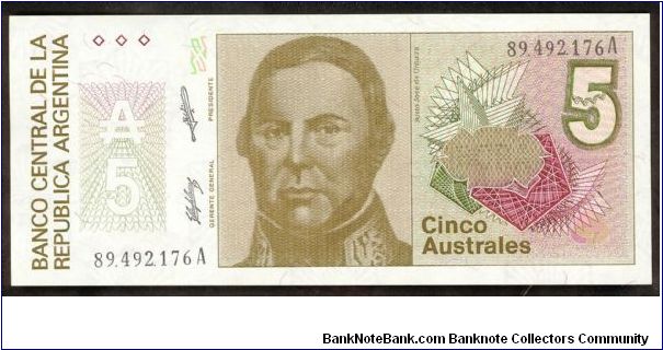 Argentina 5 Australes 1986 P324b (Justo Jose de Urquiza; Liberty - Progreso) Banknote