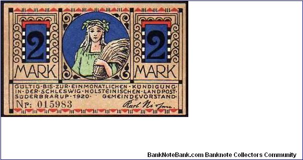 NOTGELD - 2 Mark - pk# NL - Suderbrarup Banknote