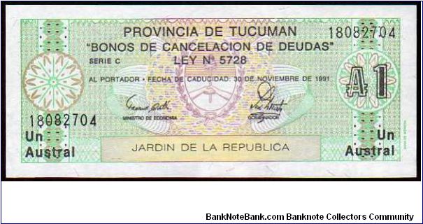 TUCUMÁN - 1 Austral - Pk S2771 b (1) - Decreto No. 307/3 (SH) - 1988- Jardín de la República
 Banknote