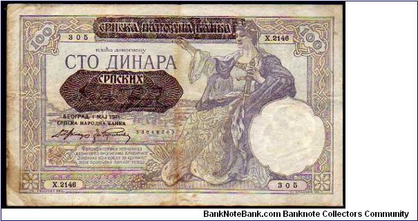 100 100 Srpskih Dinara -pk# 23 - Srpska Narodna Banka - 01-May-1941 / Ovpt
 Banknote