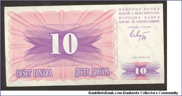 Bosnia 10 Dinara 1992 P10. Banknote