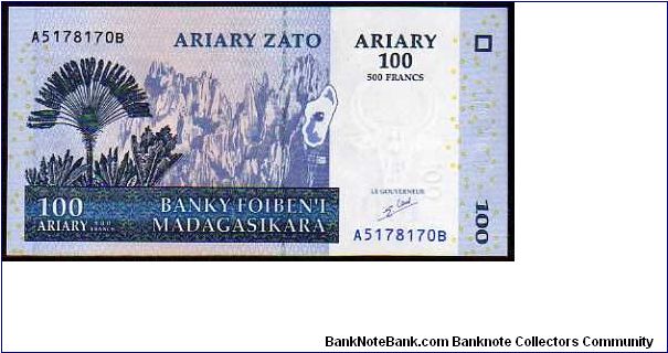 100 Ariary=500 Francs
Pk 86 Banknote