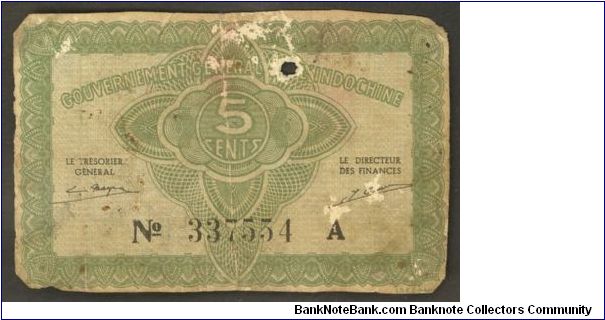 French Indochina 5 Cents 1942 P88a Banknote