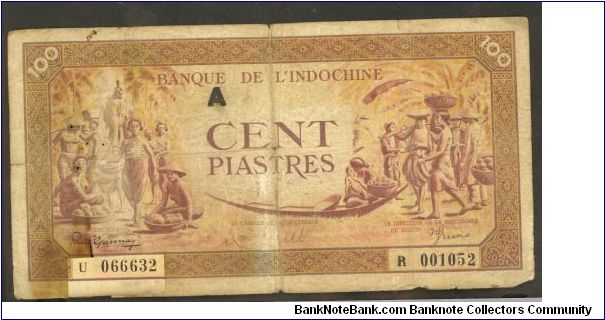 French Indochina 100 Piastres 1942 P66. Serial number has been replaced lower left side. Banknote