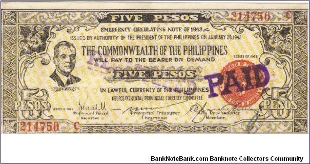 S-648 Negros Occidental 5 Pesos emergency Circulating note with Registered and Paid stamp. Banknote