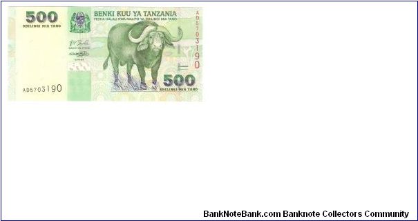 500 Shilingi

Front:
Cape buffalo

Back:
Nkrumah Hall at the University
of Dar es Salaam, sailing boats, snake


Watermark:
Head of a giraffe Banknote