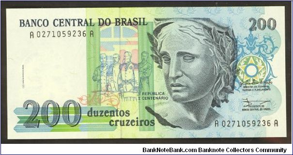 Brazil 200 Cruzeiros 1990 P229 Sign 28. Banknote