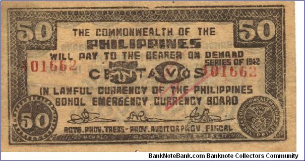 S-142 Commonwealth Of Bohol Illegal Issue 50 Centavos note. Banknote