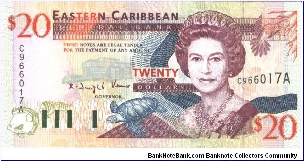 Brown-violet, blue-grey and orange on multi-colour underprint. Government House in Montserrat at left, nutmeg in Grenada, at right on back. Banknote