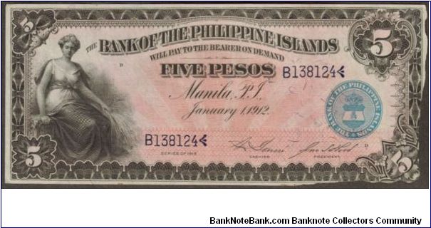 p7a 1912 5 Peso Bank of the Philippine Islands Banknote