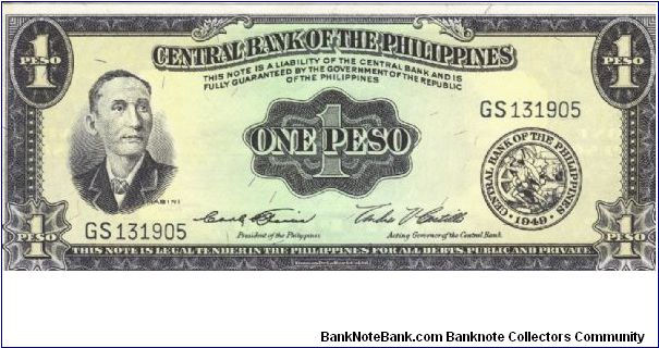 PI-133e English series 1 Peso note, prefix GS. Banknote