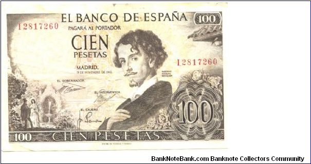 Brown on multicolour underprint. Gustavo Adolfo Becquer at center right, couple near fountain at lower left. Woman with parasol at center, Cathedral of Sevilla at left on back. Watermark: Woman's head Banknote