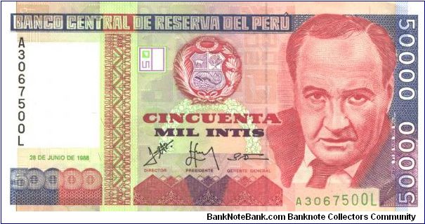 Like #142 but segmented foil security thread.

Red, violet and dark blue on multicolour underprint. Victor Raul Haya de la Torre at right. Chamber of National Congress on back. Printer: TDLR Banknote
