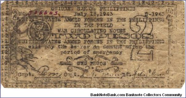 RARE-United States Armed Forces in the Philippines 2 Pesos Samar note. Banknote