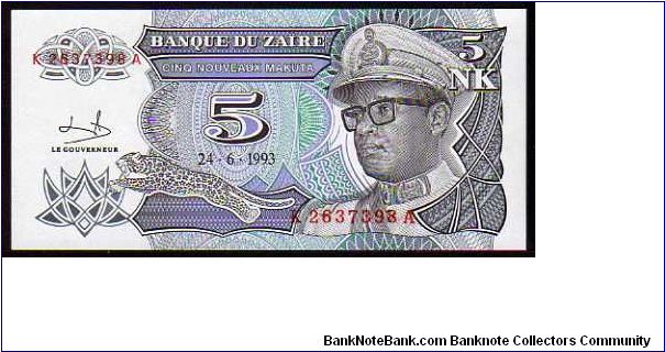 *ZAIRE*
__

5 Nouveaux Makuta__
pk# 48__24.06.1993
 Banknote